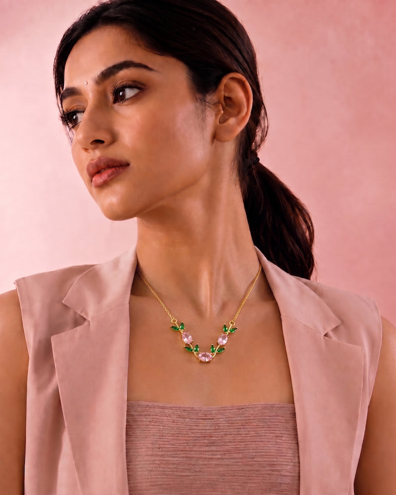 Pink Gemstone Leaf Vine Necklace