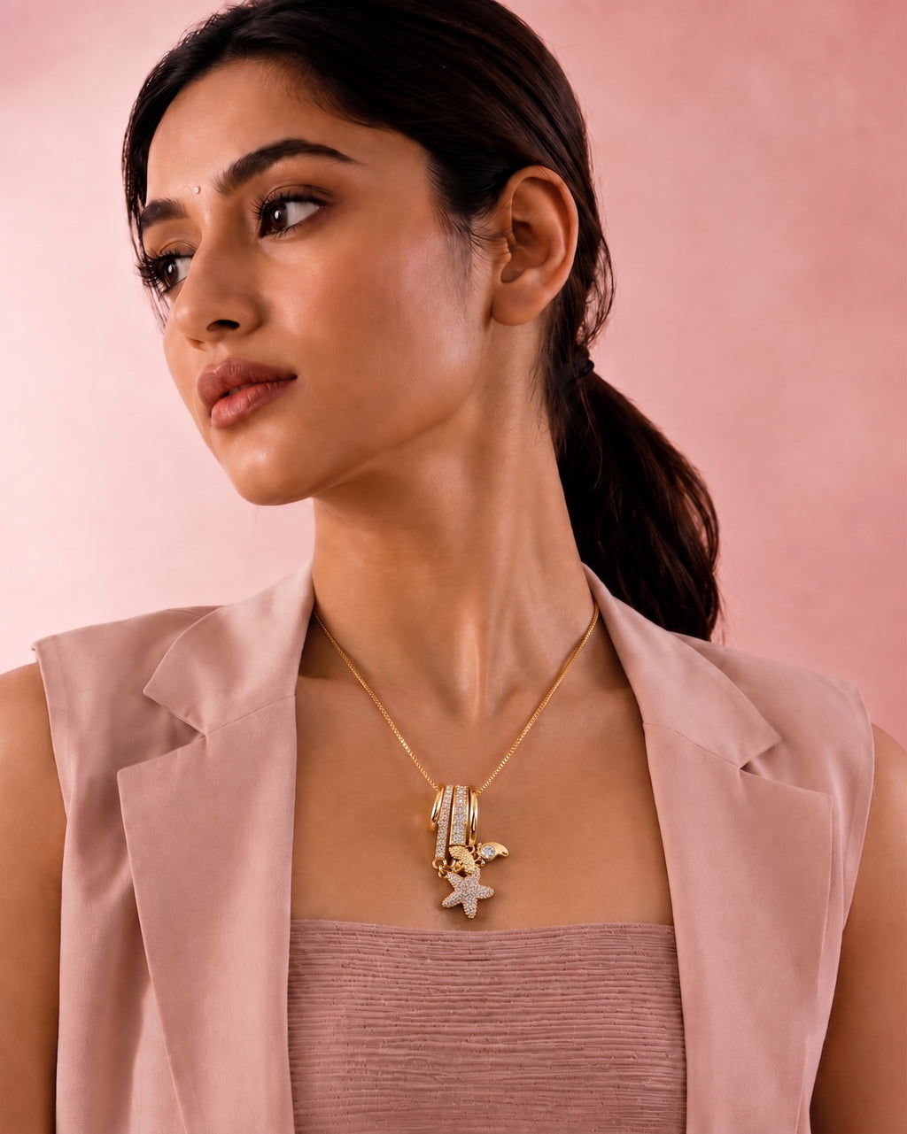 Gold Plated Starfish Charm Pendant Necklace with Crystal Detailing