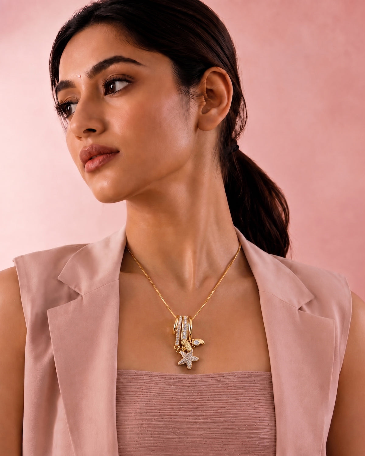 Gold Plated Starfish Charm Pendant Necklace with Crystal Detailing