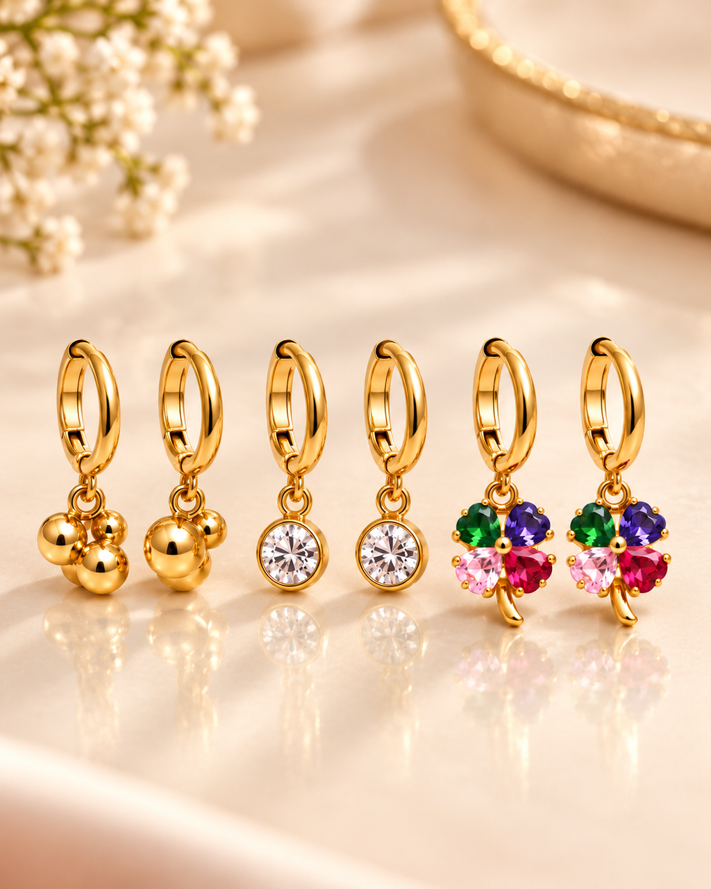 Gold Floral Multicolor Hoop Earring Set